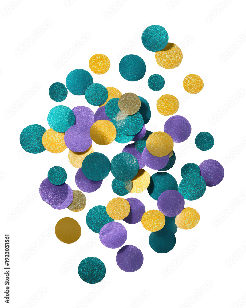 Fototapeta premium Scattered Metallic Confetti Circles in Purple, Teal, and Gold on a Transparent Background. Cutout Element Digital Design Asset