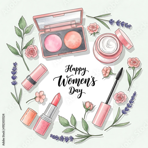 Happy Women's Day Greeting Card with Cosmetics, Perfume, and Pink Flowers - Watercolor Beauty Set Illustration with Makeup, Roses, and Eucalyptus on White Background