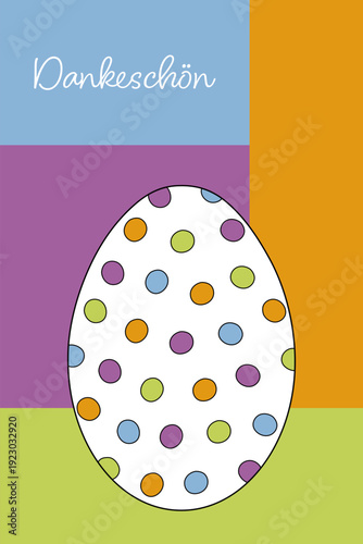 Dankeschön - Schriftzug in deutscher Sprache. Fröhliche Osterkarte mit einem gepunkteten Osterei.