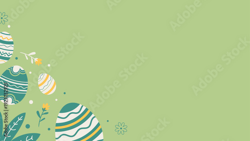 Light green Easter background with decorative eggs and spring floral elements in the bottom left corner. Clean copy space design ideal for seasonal banners, greeting cards and marketing templates