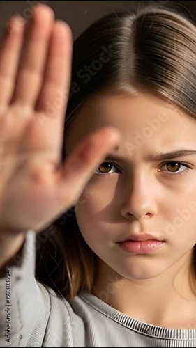 Young girl with determined expression holds up hand in stop gesture, close-up portrait