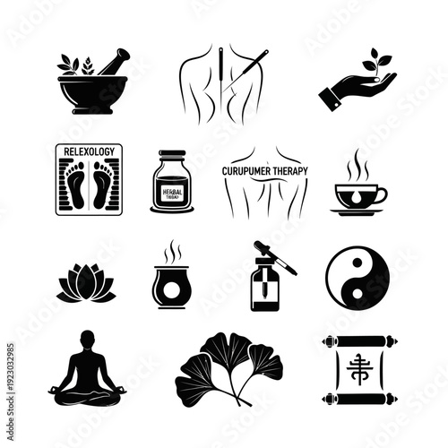Alternative Medicine and Wellness Icons Set.