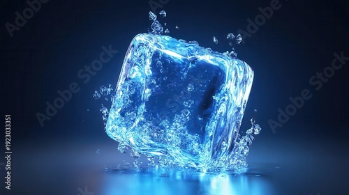 A dramatic, melting ice cube suspended in water with dynamic splashes and intense lighting