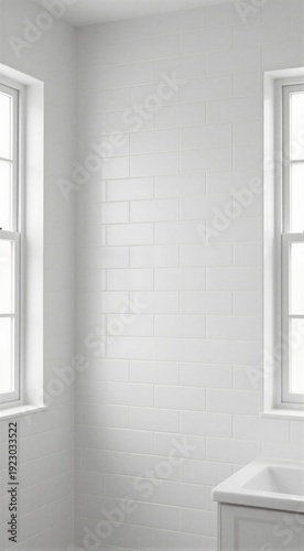 Bright white bathroom corner with subway tile wall and twin windows over sink for clean interior design, background, bathroom remodel and minimalist decor