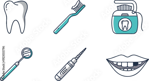 Dental care icons tooth toothbrush floss mirror tool and mouth