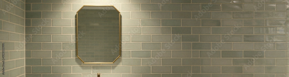 Fototapeta premium Green subway tile bathroom wall with brass framed mirror and vanity interior design background for design, card, poster, background