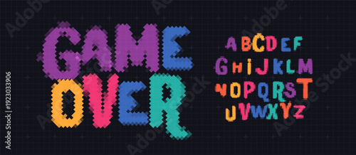 Game Over Font Logo Alphabet Y2K Pixel Letter Set Modern Typography, Arcade Typographic Design for Title Text, Gaming Typo Headline, Old Computer Type Symbol Logotype, Games Fonts. Vector Typeface