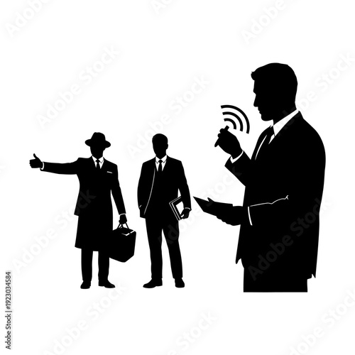 Businessmen in Suits Communicating with Technology.