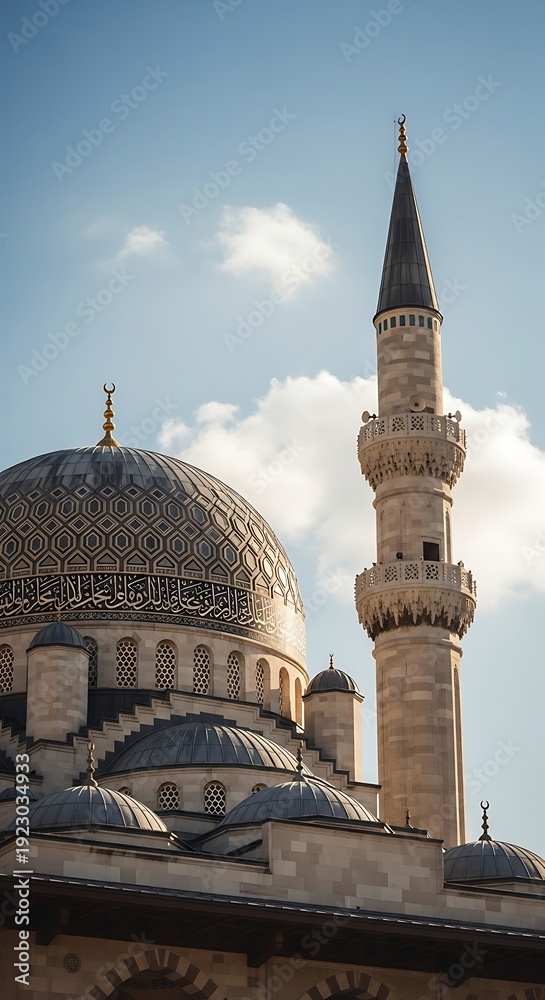 Obraz premium Grand Mosque Dome and Minaret Against a Cloudy Blue Sky.