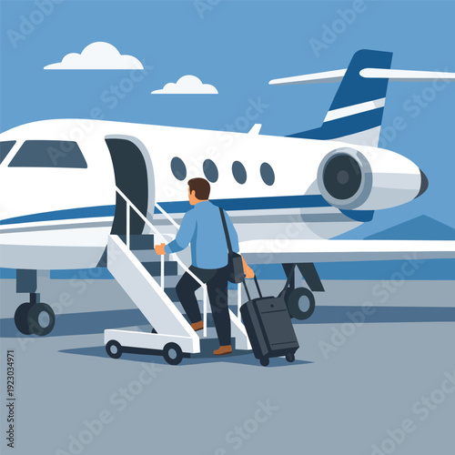 Man boarding a private jet with luggage