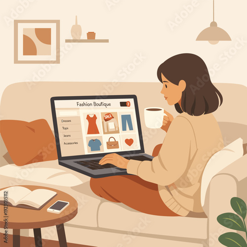 Woman shopping online at fashion boutique from home