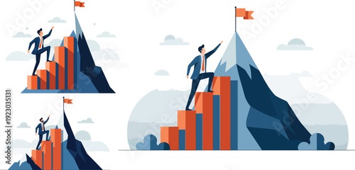 Businessman climbing mountain with bar graph steps to reach flag goal vector illustration. Concept of business success, challenge, and career growth.