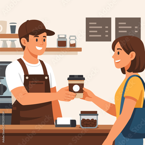 Barista serving coffee to a happy customer at café