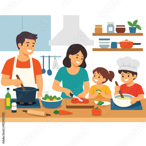 Family cooking together in a warm kitchen environment