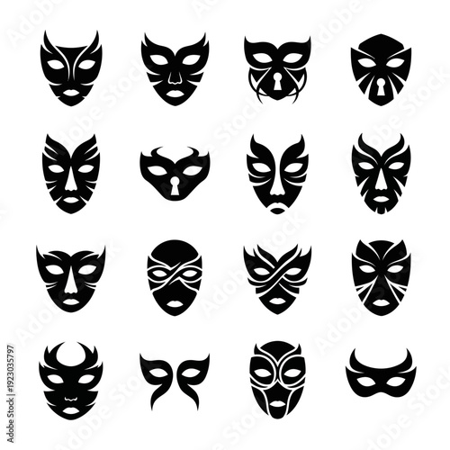 Collection of 16 Black Masquerade Masks Icons.
