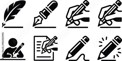 Minimalist writing icons set, black ink pen and pencil symbols, 8 vector elements for education and literature, creative storytelling graphics