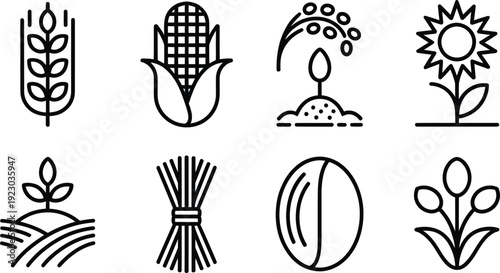 Agriculture line icon set, 8 farming and crop vector elements, minimalist wheat and corn symbols, organic harvest and plant growth signs