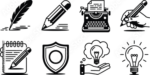 Vintage writing and storytelling icons, 8 black and white vector elements, retro typewriter and quill pen set, creative idea and blogging symbols