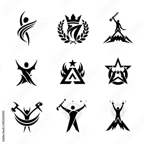 Collection of abstract fitness and achievement logos.