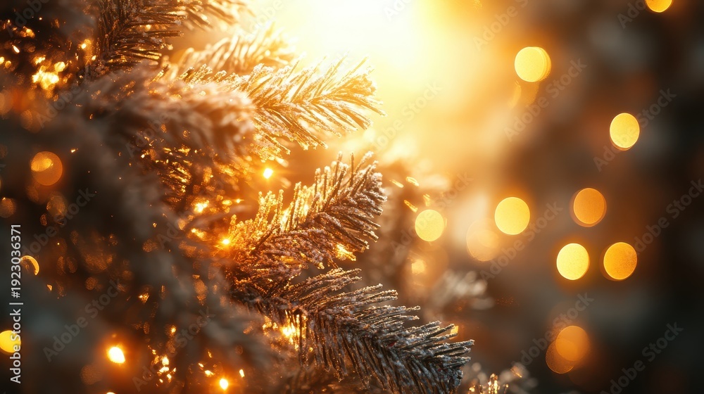 Fototapeta premium Close up of a festive Christmas tree branch adorned with warm golden lights and bokeh effects during the holiday season
