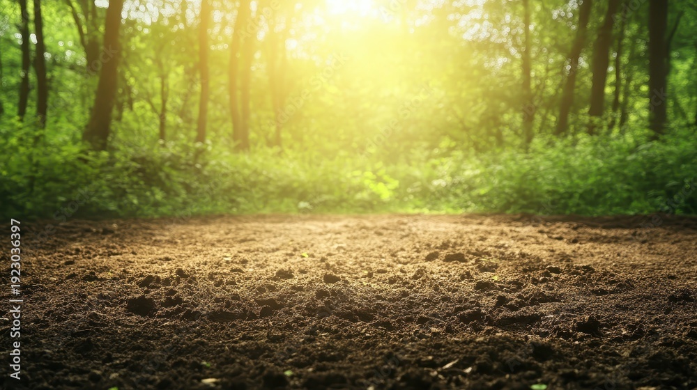 Fototapeta premium Forest floor with rich soil and dappled sunlight filtering through trees