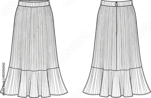 Women Pleated Maxi Skirt Fashion Flat Sketch with Flared Hem and Elastic Waistband for CAD Drawing Flat Vector Illustration
