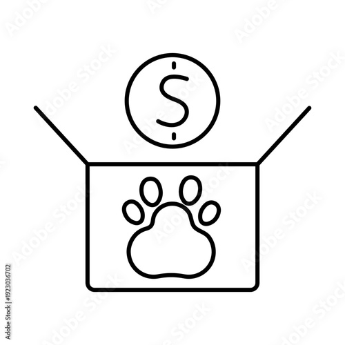 Animal help. Dollar coin falling into large box. Providing aid to homeless animals and shelter animals vector illustration.