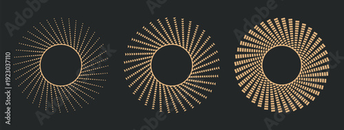Trendy aesthetic bohemian sun set. Vintage celestial rays, gold sunburst, sparks, star light. Magic boho vector illustrations, frames
