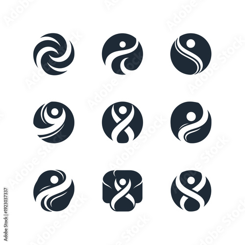 Collection of abstract human figures and yin yang symbols.