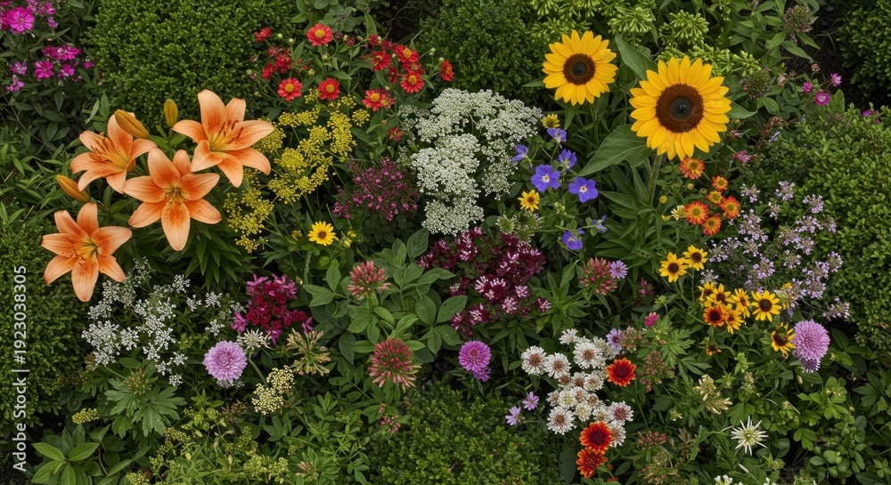 Obraz premium Colorful floral arrangement of various flowers and greenery top view composition