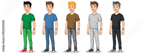 Set of Casual Male Character Avatars in Various Color Outfits
