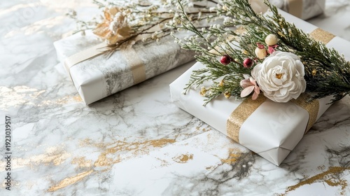 Elegant Christmas gifts with golden ribbon and floral decorations on a marble surface
