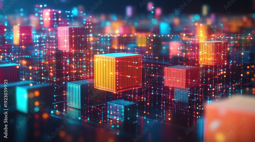 Fototapeta premium Futuristic Logistics Network with Vibrant Digital Containers Representing Advanced Supply Chain Management