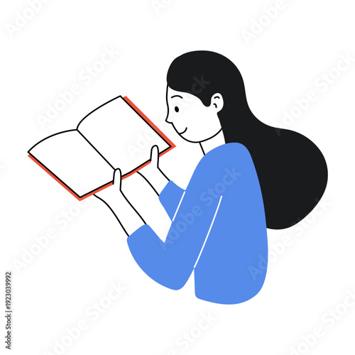 Girl reads book with interest. Vector illustration. School libraries, book clubs, children education, reading app illustrations