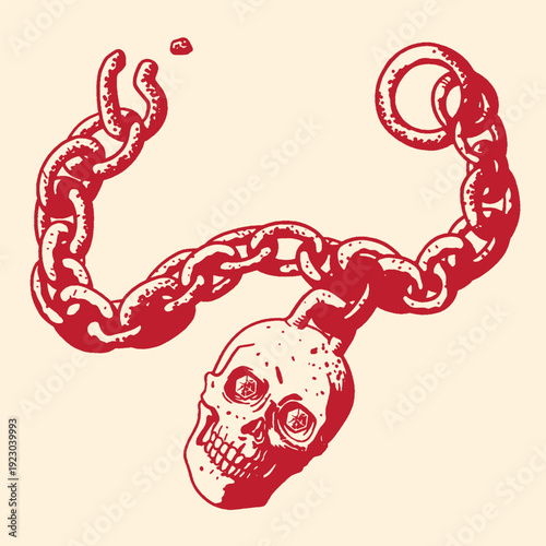 Skull with Broken Chains, Symbolizing Freedom or Captivity in Red Ink