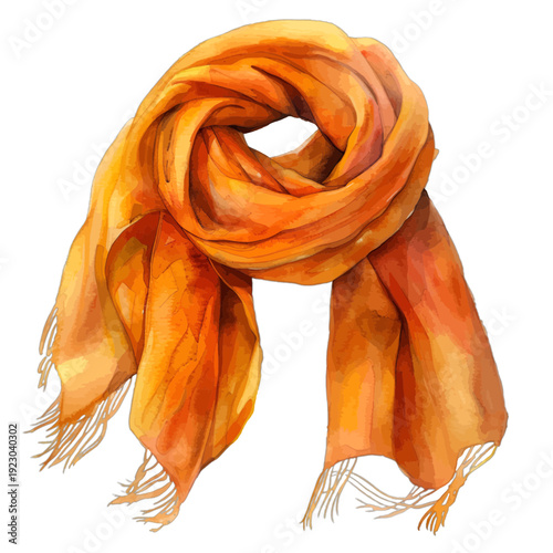 Watercolor Orange Autumn Scarf with Fringed Edge Isolated on White