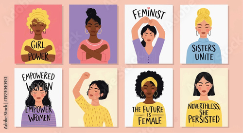 Empowered women illustrations in various poses with motivational quotes on feminism and equality