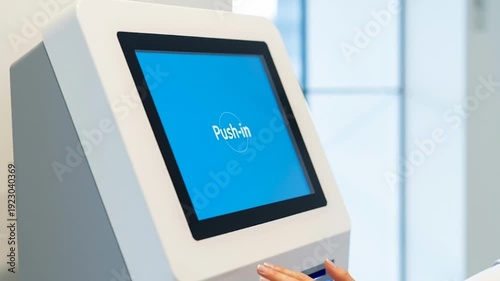 A person interacting with a digital kiosk displaying a blue screen with a PayPal logo in a modern setting