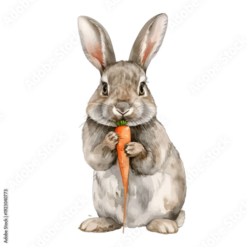 Watercolor Cute Grey Bunny Rabbit Holding a Bright Orange Carrot