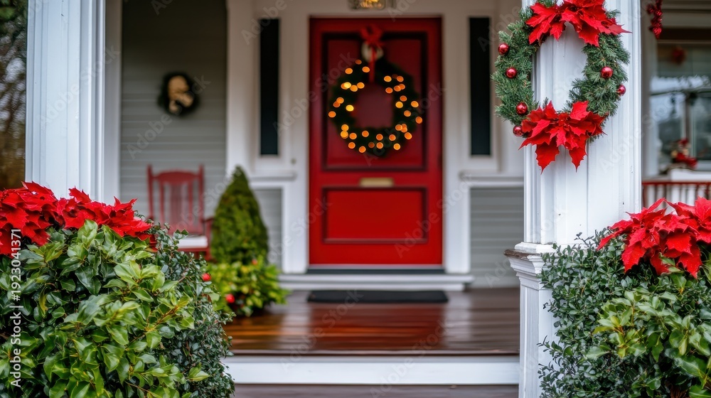 Fototapeta premium Festive red front door adorned with a Christmas wreath and lights, welcoming visitors to a beautifully decorated suburban home during the holidays.