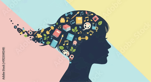 Silhouette of a person's head filled with various colorful icons and symbols on a pastel background
