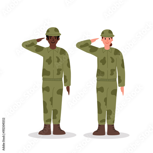 Multinational army. Man and Woman of different races in camouflage military uniforms and helmets saluting according to army rules.