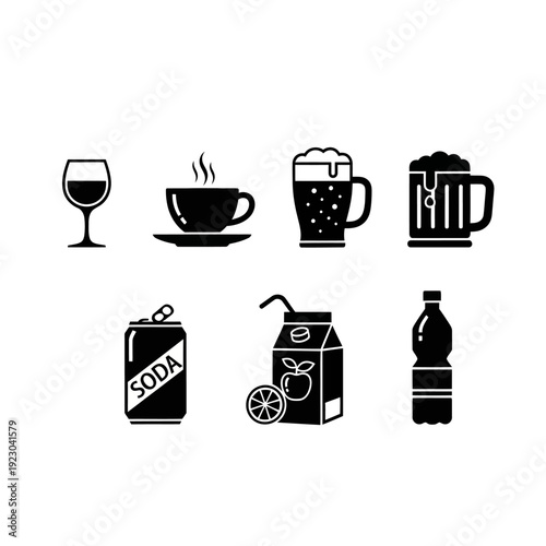 Collection of beverage icons in black and white.