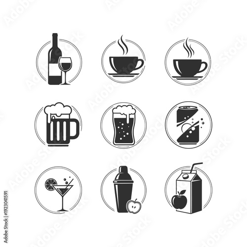 Collection of beverage icons in circles.