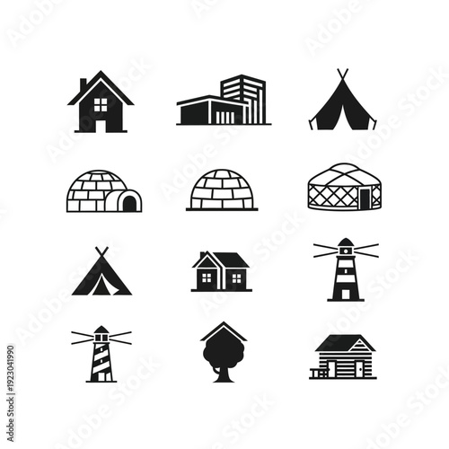 Collection of diverse housing and shelter icons.