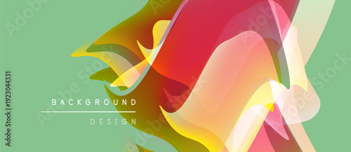 Abstract colorful shapes overlap, creating dynamic visual effect. Soft gradients blend yellow, red, green hues. Background design suggests movement, energy.