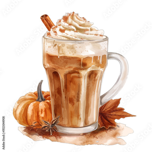 Watercolor Pumpkin Spice Latte Clipart - Cozy Autumn Coffee Illustration with Whipped Cream, Cinnamon Stick, and Mini Pumpkin for Fall Sublimation and Junk Journals