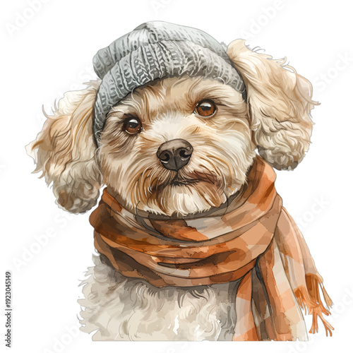 Watercolor Cockapoo in Winter Attire - Cute Puppy Clipart with Grey Beanie and Plaid Scarf, Hand-Painted Pet Illustration for Christmas Cards and Junk Journals
