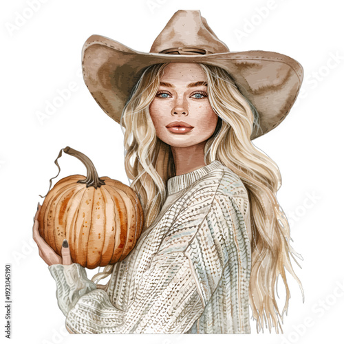 Bohemian Autumn Fashion Illustration - Stylized Woman in Cream Cable-Knit Sweater and Cowboy Hat Holding an Orange Pumpkin Clipart for Digital Planners and Seasonal Decor