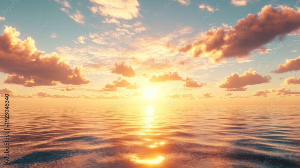 Fototapeta premium Golden Sunset Over the Ocean Horizon with Reflecting Sunlight and Textured Clouds
